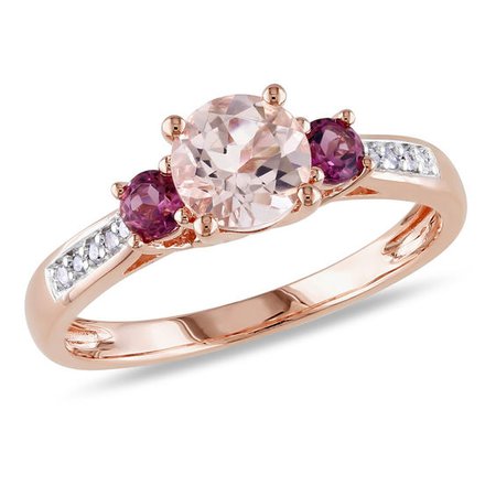 Morganite, Pink Tourmaline and Diamond Accent Three Stone Ring in 10K Rose Gold | View All Jewellery | Peoples Jewellers