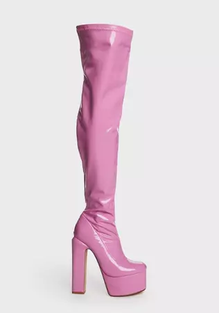 Lemon Drop by Privileged Patent Thigh High Heeled Boots - Pink – Dolls Kill