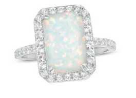 zales opal ring rectangle rectangular silver platinum white gold emerald cut shape halo diamond jewelry