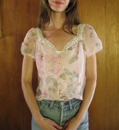 1970s SHEER PINK floral sweetheart blouse m l | Etsy