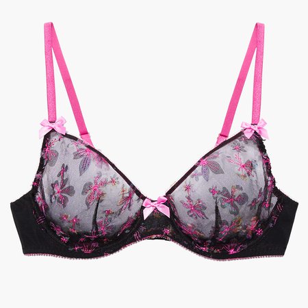 Embroidered Floral Demi Cup Bra - Rose Violet Pink and Black Floral Embroidery | SAVAGE X FENTY