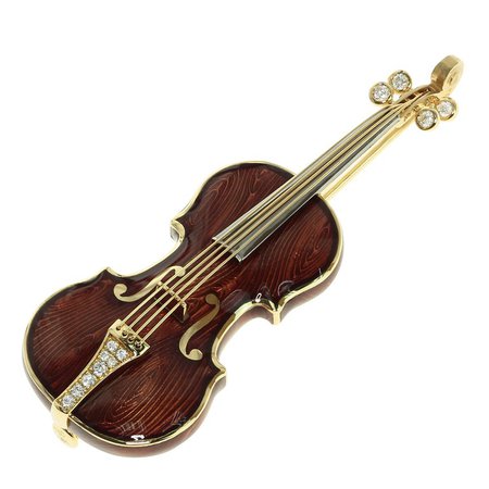 Mousson Atelier Classical Enamel and Diamond Violin 18 Karat Yellow Gold Brooch