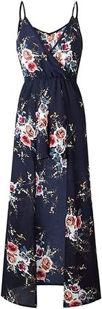 KBOOK Women's Summer Sleeveless V-Neck Floral Print Beach Party Split Long Maxi Romper Dress Khaki at Amazon Women’s Clothing store