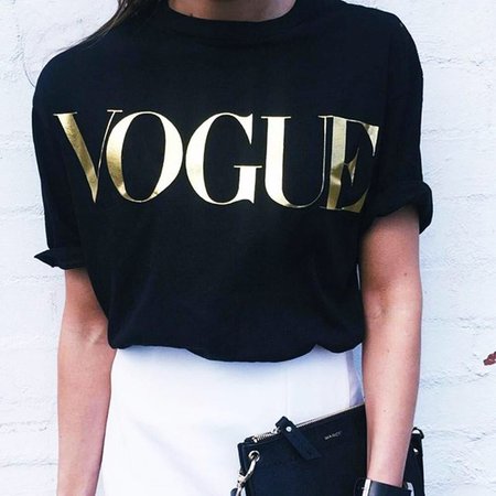 Tops | Vogue Tshirt Black With Gold Letters Nwt | Poshmark