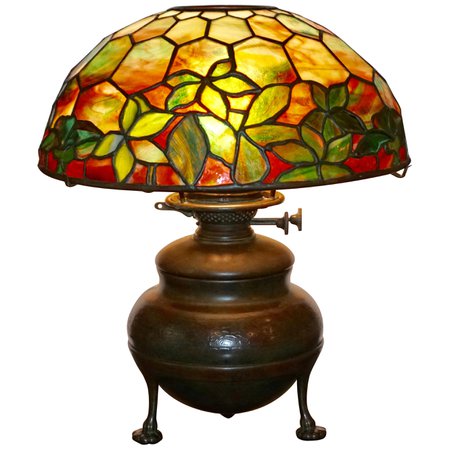 Art Nouveau Tiffany Style Bronze and Stained Glass Table Lamp For Sale at 1stDibs