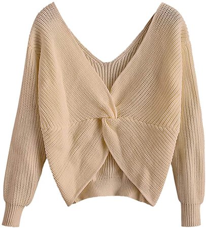 ZAFUL Women's V-Neck Criss Cross Twisted Back Pullover Knitted Crop Sweater Jumper Tops at Amazon Women’s Clothing store