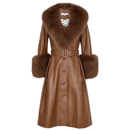 brown fur trim leather coat