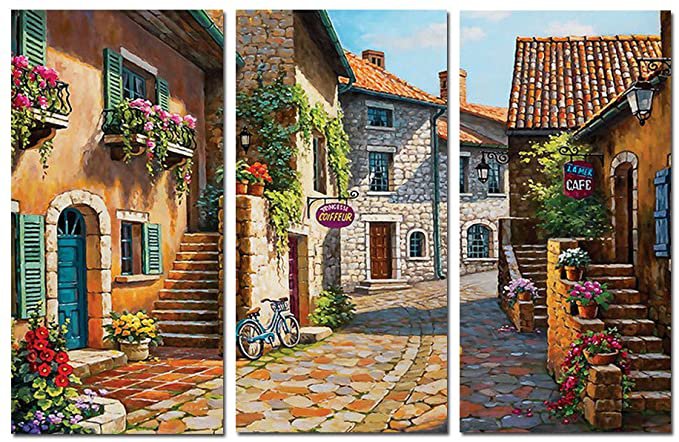 Amazon.com: Decor Well Italy Tuscan Village Landscape Painting Print on Stretched Canvas Wall Art Set of 3: Posters & Prints