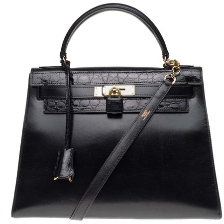 Customized Hermès Kelly 32 in black calfskin strap with black Crocodile, GHW For Sale at 1stdibs