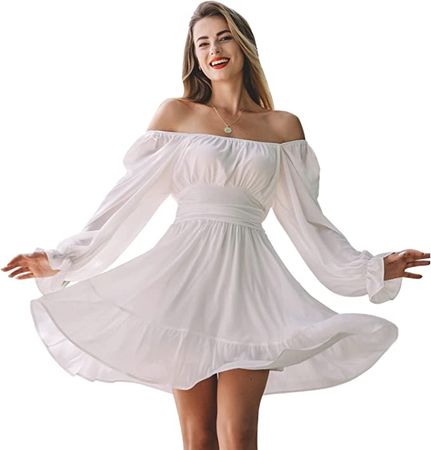 EXLURA Women Tie Back Long Lantern Sleeve Square Neck Ruffle Dress Elastic Waist Aline Casual Mini Dress at Amazon Women’s Clothing store