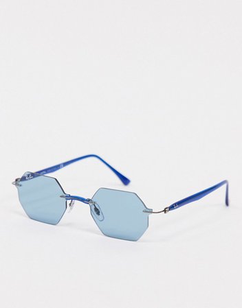 Rayban rimless slim hexagonal sunglasses in blue | ASOS