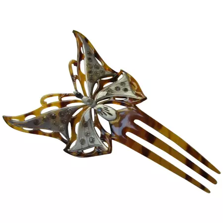 SALE Beguiling Butterfly Hair Comb in Faux Tortoise Shell, Silver Tone - Ruby Lane