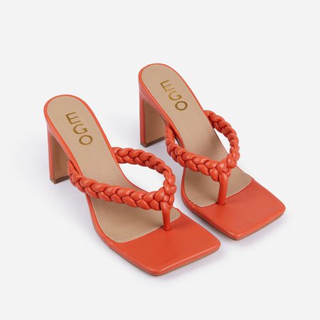 Low-Key Braided Thong Square Toe Thin Block Heel Mule In Orange Faux Leather | EGO