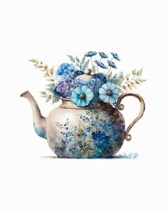 Teapot w/flowers - art (blue)