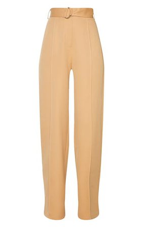 Camel D Ring Woven Belted Straight Leg Trousers | PrettyLittleThing USA