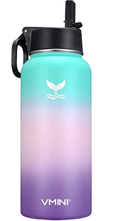 Vmini Water Bottle with New Wide Handle Straw Lid, Wide Mouth Vacuum Insulated 18/8 Stainless Steel, 32-40 oz