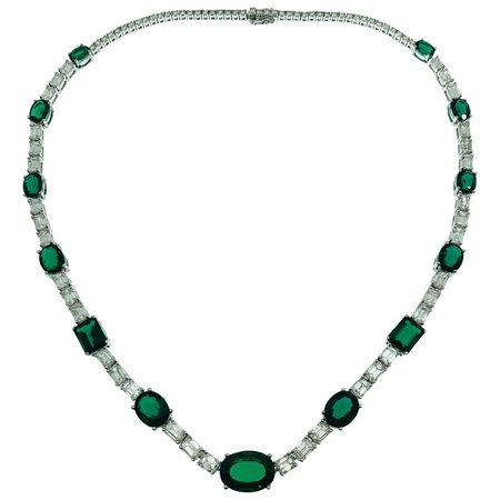 White Gold Emerald Cut Diamonds Synthetic Deep Vivid Green Emeralds Necklace For Sale at 1stdibs