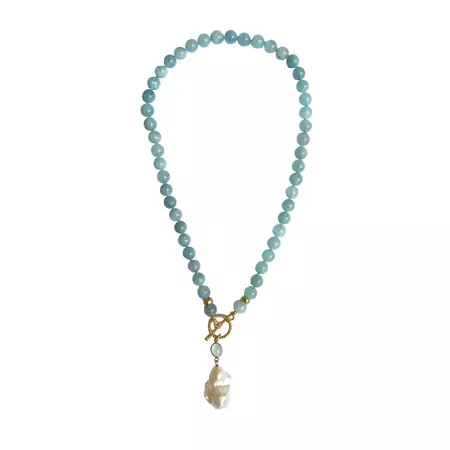 Aquamarine Beaded Necklace with Baroque Pearl Pendant | L'Essenziale | Wolf & Badger