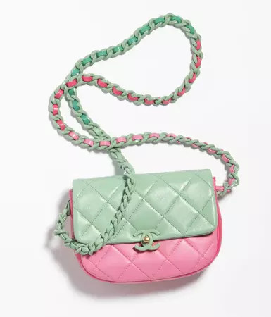 Mini flap bag, Shiny lambskin & lacquered metal, light green, light pink, pink & green — Fashion | CHANEL