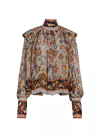 Shop Farm Rio Floral Tapestry Embroidered Bishop-Sleeve Blouse | Saks Fifth Avenue