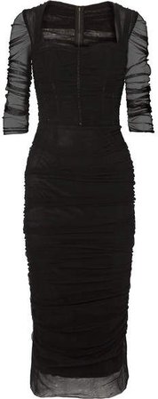 Ruched Stretch-tulle Midi Dress - Black