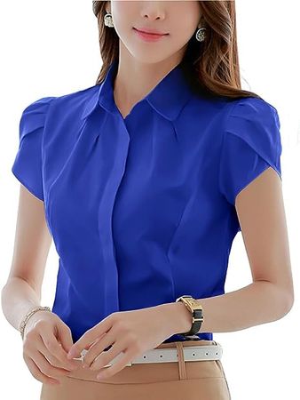 Women Cotton Collared Pleated Button Down Shirt Tulip Sleeve Blouse at Amazon Women’s Clothing store