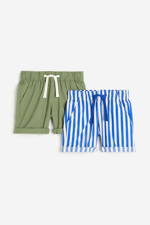 h&M two pack pull on shorts blue and white shorts and army green shorts