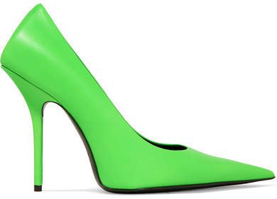 Square Knife Neon Leather Pumps - Lime green