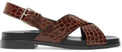 Croc-effect Leather Slingback Sandals - Brown