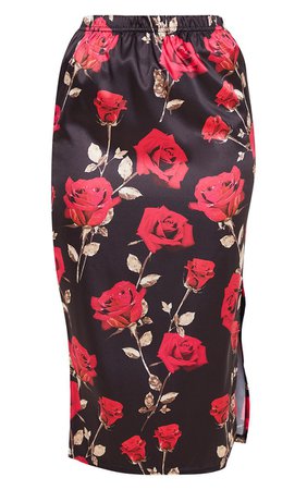 Black Rose Print Satin Side Split Midi Skirt | PrettyLittleThing