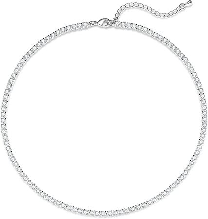 Amazon.com: Luxval Tennis Necklace 14K Silver Choker Necklaces for women Dainty Zirconia Cut Faux Diamond chain 3mm Width 14Inches : Clothing, Shoes & Jewelry