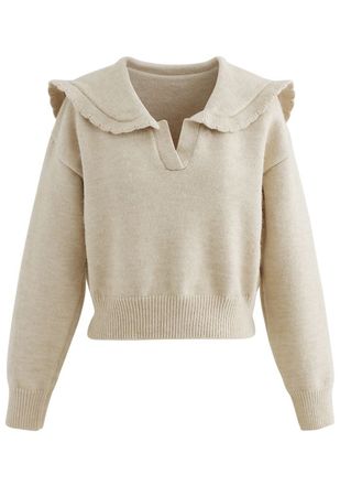 Peter Pan V-Neck Knit Crop Sweater in Light Tan - Retro, Indie and Unique Fashion