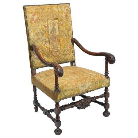English Walnut Carved Needlework Armchair For Sale at 1stDibs