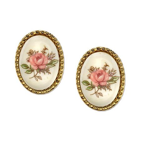 1928 Jewelry Gold Tone Ivory Color with Floral Decal Oval Button Earrings