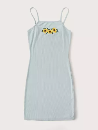 Sunflower Embroidered Rib-knit Cami Dress | SHEIN USA