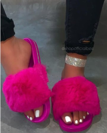 pink fuzzy toe slides