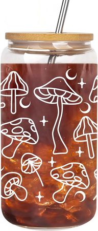 Amazon.com: Lvoetgif Mushroom Iced Coffee Glasses with Bamboo Lids and Straw, Cute Mushroom Drinking Beer Can Shaped Cup, Aesthetic Birthday Gifts for Mushroom Lovers Women Mom Best friend wife : Home & Kitchen