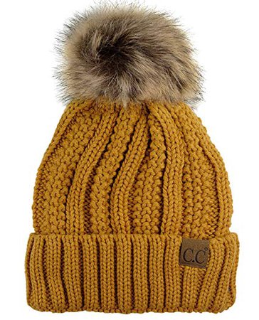 C.C Thick Cable Knit Faux Fuzzy Fur Pom Fleece Lined Skull Cap Cuff Beanie, Mustard at Amazon Women’s Clothing store