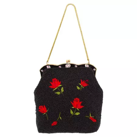 1950s Black Beaded Evening Bag with Red Roses For Sale at 1stDibs | vintage beaded rose bag, aftershock bag policy