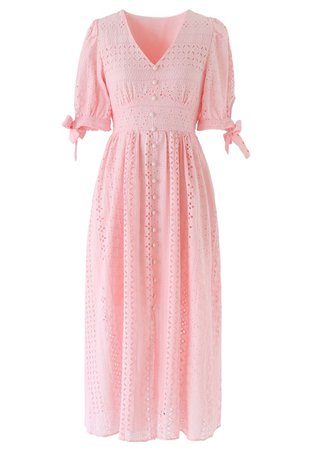 Geo Eyelet Embroidered Button Down V-Neck Midi Dress in Peach - Retro, Indie and Unique Fashion