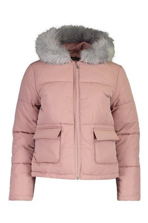 Faux Fur Trim Hooded Puffer Jacket | Boohoo pink