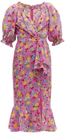 Olivia Lemon Print Silk Crepe Midi Dress - Womens - Pink Multi
