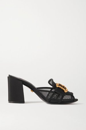 Embellished Mesh And Faille Sandals - Black
