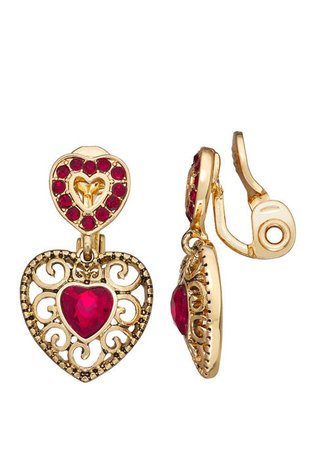 Napier Gold Tone Red EZ Comfort Clip Heart Drop Earrings