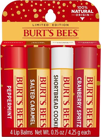 Amazon.com : Burt's Bees Christmas Gifts, 4 Lip Balms Stocking Stuffers Products, Festive Fix Set - Peppermint, Salted Caramel, Cranberry Spritz & Shortbread Cookie (4-Pack) : Beauty & Personal Care