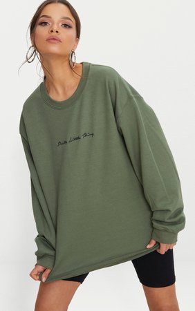 Plt Khaki Embroidered Oversized Sweater | PrettyLittleThing USA