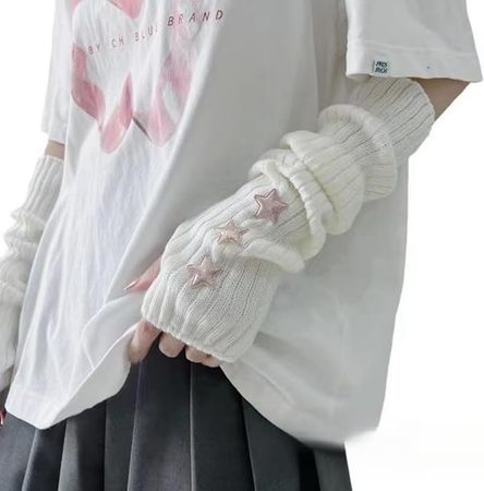 Y2K Women Teens Knitted Arm Warmers Japanese Harajuke Cosplay Lolita Cute Fingerless Mittens Thumb Hole Gloves (White) at Amazon Women’s Clothing store