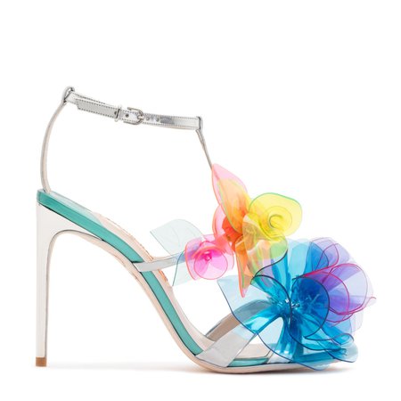 Sandal pumps with large rainbow flowers