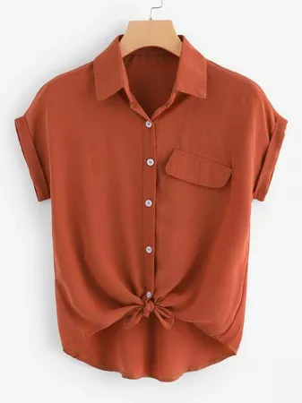 Rolled Cuff Knotted Hem Shirt | SHEIN USA