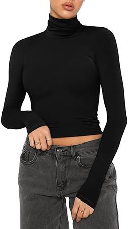 REORIA Women's Fall Turtleneck Long Sleeve Ribbed Slim Fitted Tshirts Trendy Basic Y2K Crop Top at Amazon Women’s Clothing store